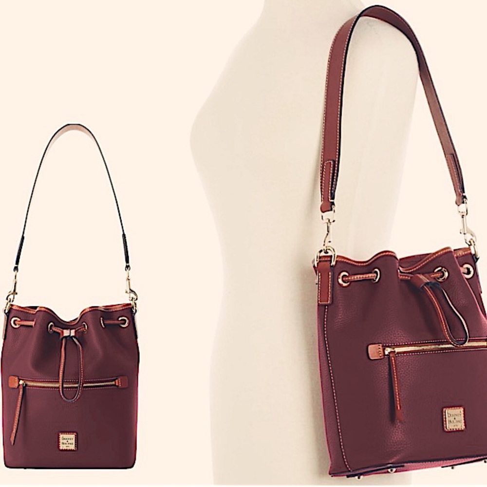Dooney & Bourke Burgundy Pebbled Leather Drawstring Shoulder Bag with Tan Trim - Picture 2 of 16